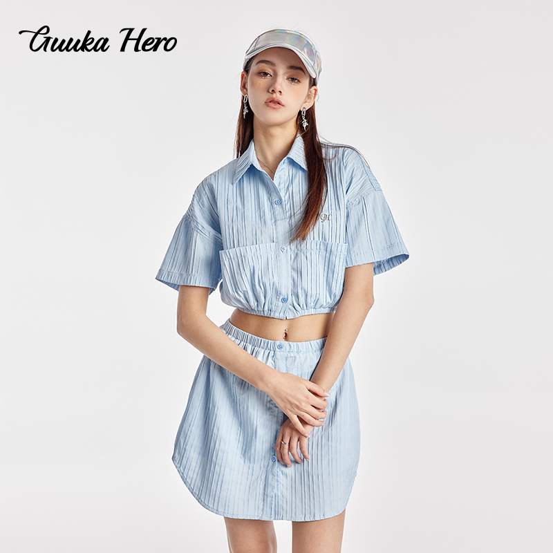 GUUKA HERO天空蓝肌理条纹套装女夏短款上衣半身裙E60624 Q60625