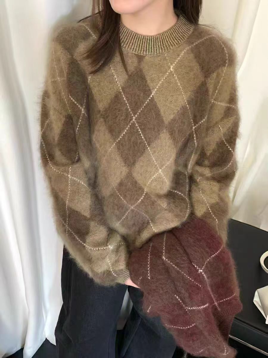 拉绒羊绒桑蚕丝羊毛菱形格加厚毛绒绒女毛衣