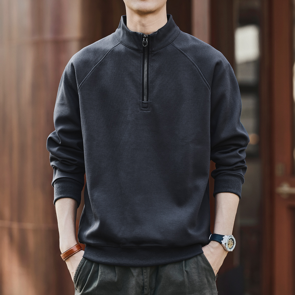 美式复古半拉链立领春秋套头卫衣2025新款爆款宽松运动跑步外套男