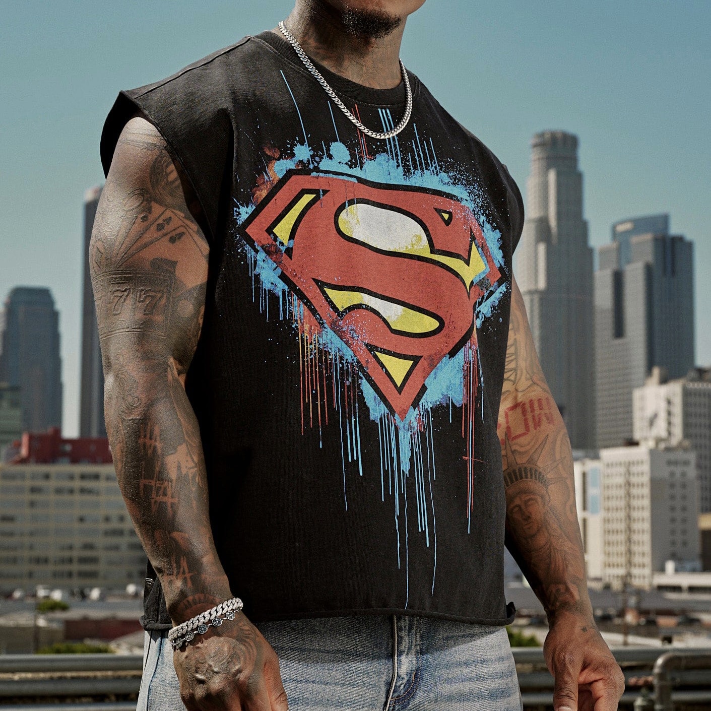 YOUNGLA superman超人系列男女运动休闲宽松水洗全棉卷边无袖背心