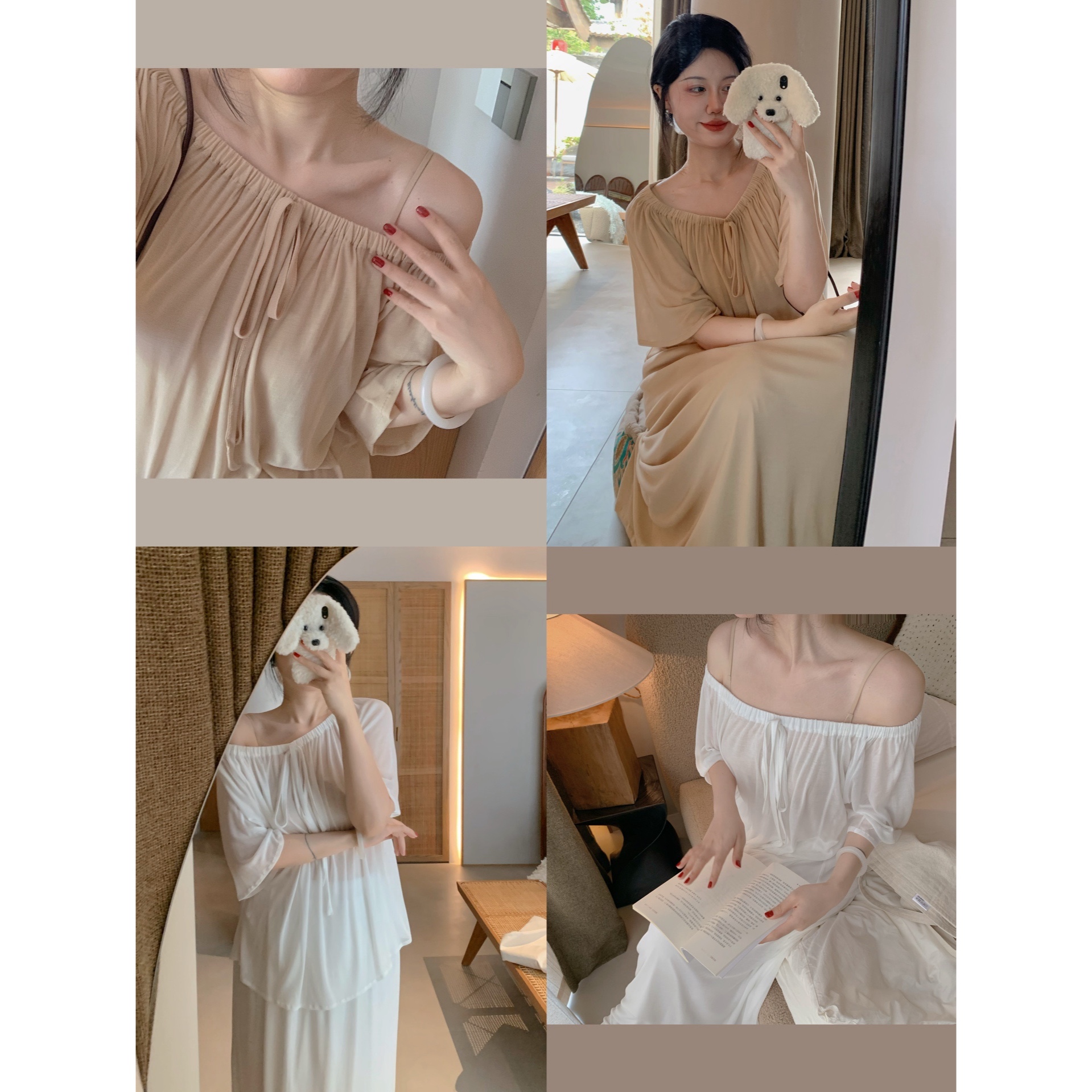 城南边儿 云感100%天丝系列~柔美系绳一字肩八分袖女人味清薄透气