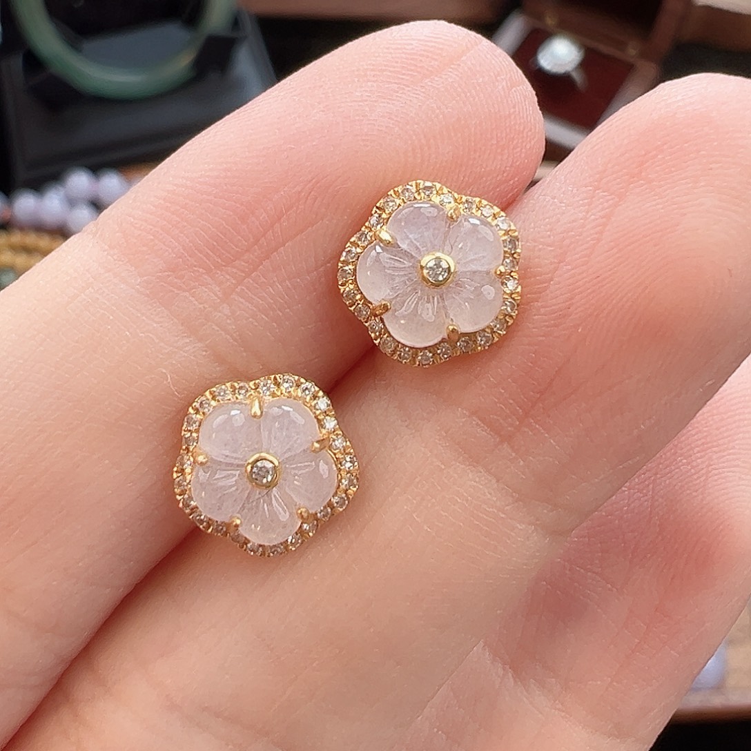 翡翠18K金镶嵌耳饰花花