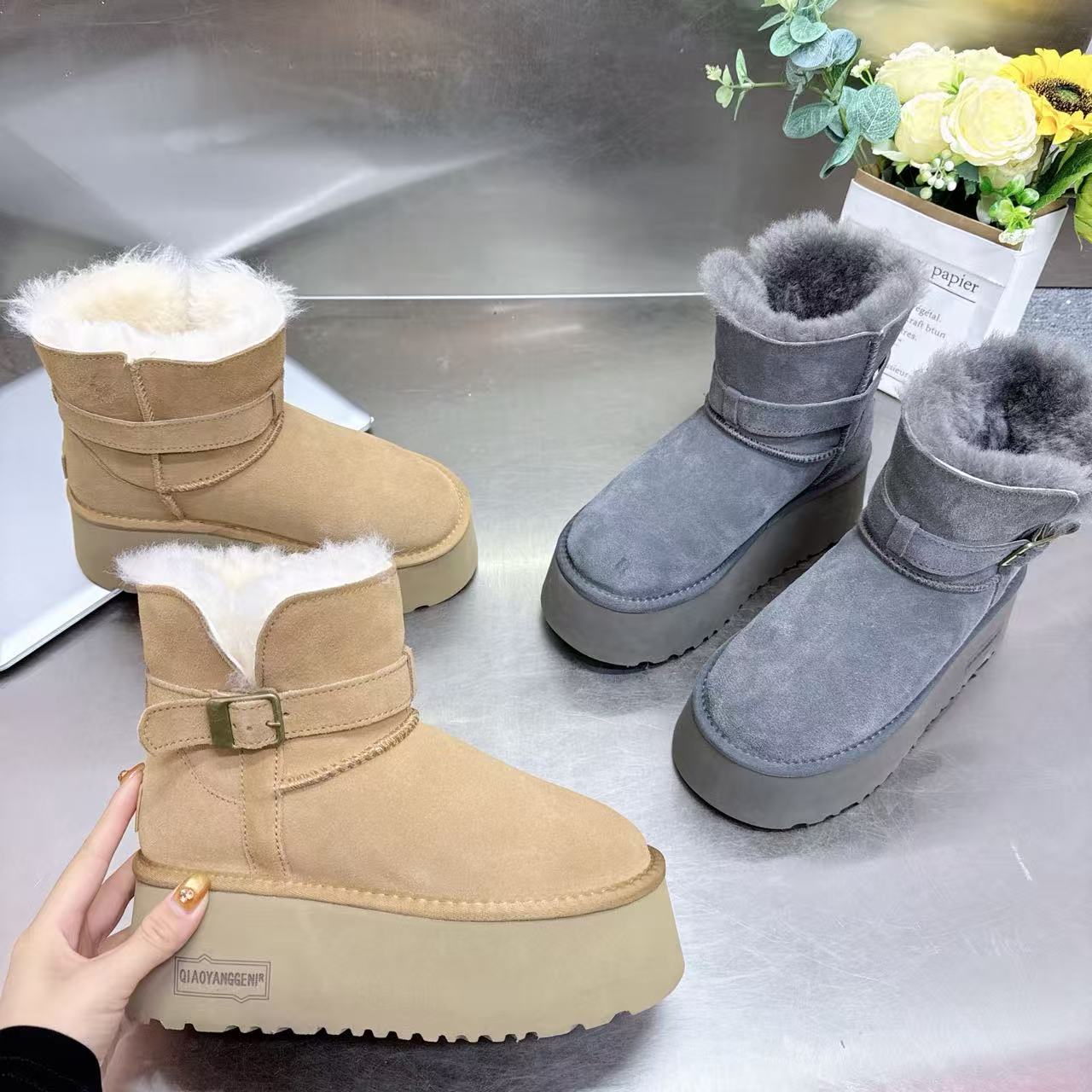 2025新款松糕厚底真皮真毛雪地棉682-9