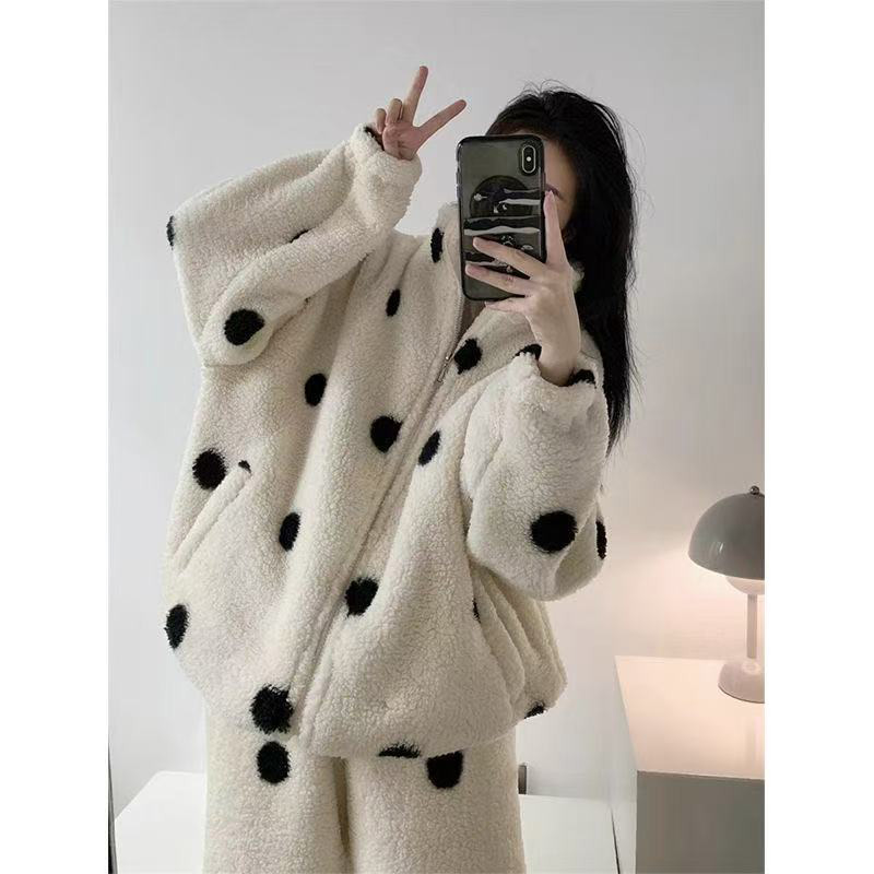 韩系高级波点珊瑚绒睡衣女加绒加厚冬季新款大码家居服套装可外穿