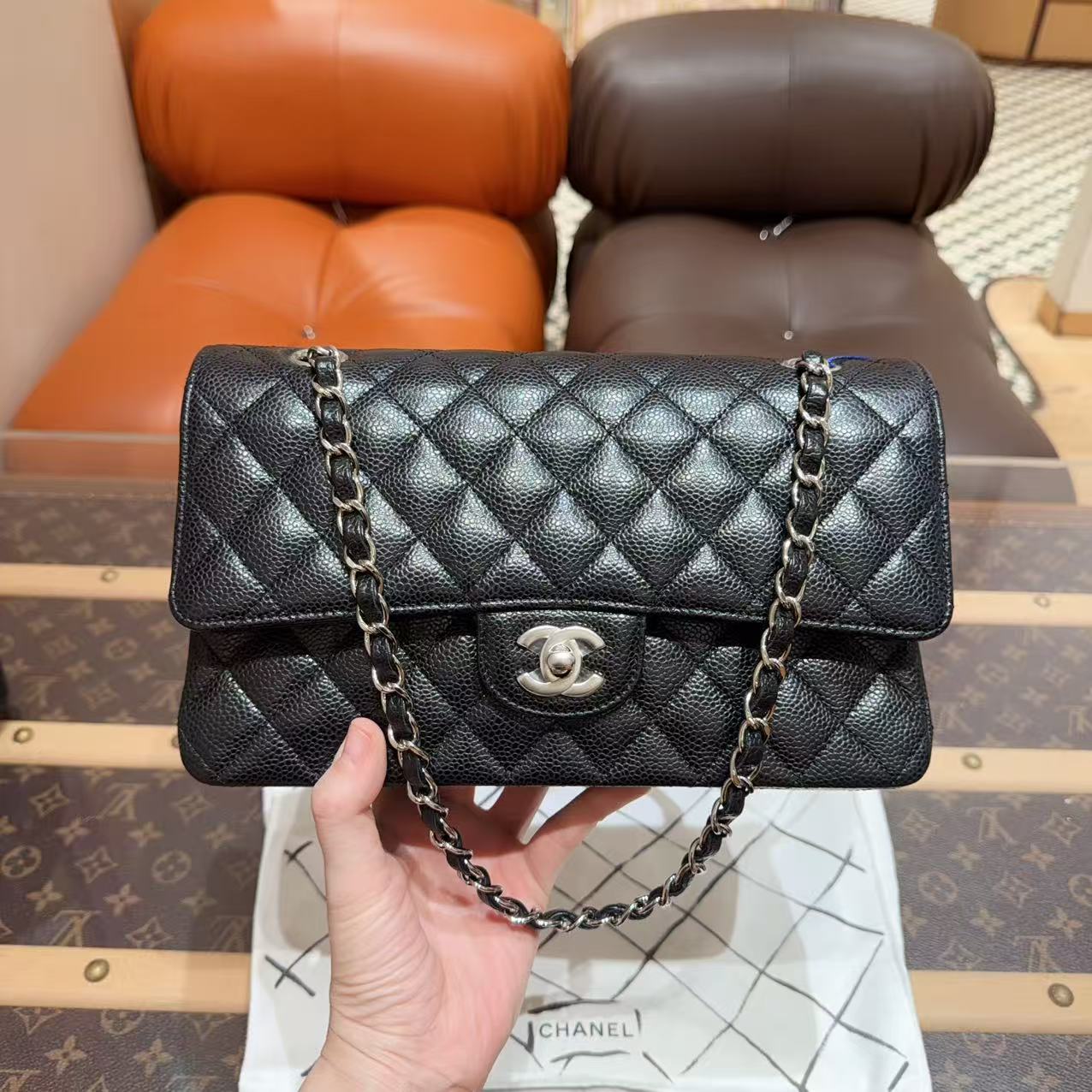 99新 Chanel/香奈儿 cf中号 黑银荔枝牛皮 芯片款 工价89700