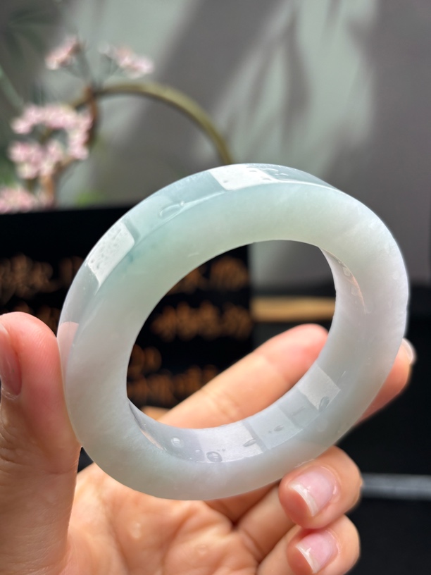 出水芙蓉冰胶蓝冰晴正圈圆条天然缅甸翡翠手镯