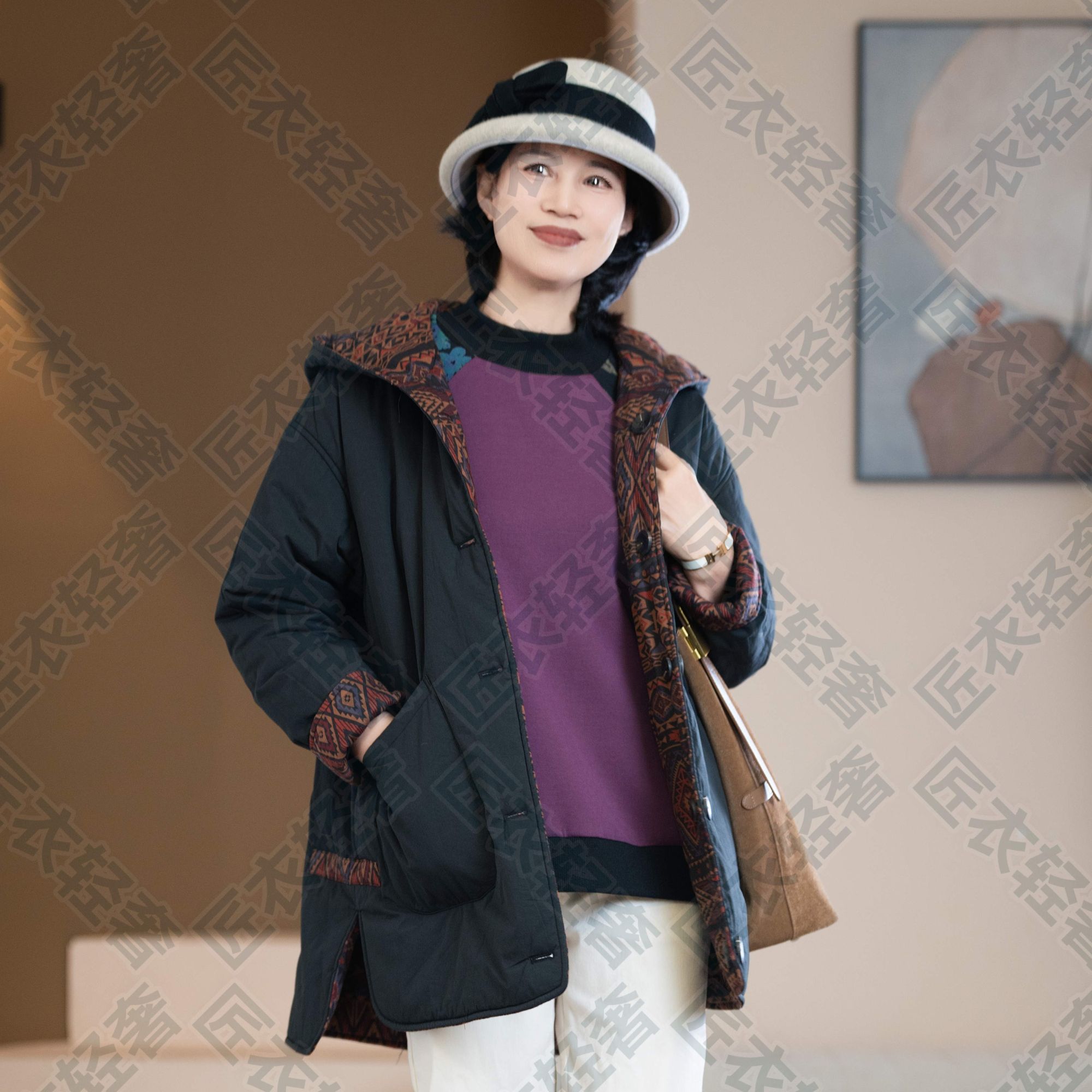 花棉袄棉服费尔岛高定 两面穿长款秋冬中老年女士母亲保暖棉衣