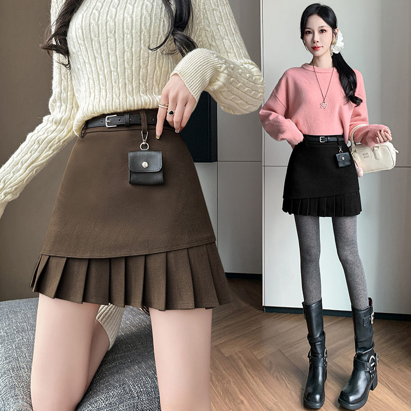 毛呢短裙半身裙女秋冬2025新款气质设计感百褶拼接灰色a字包臀裙