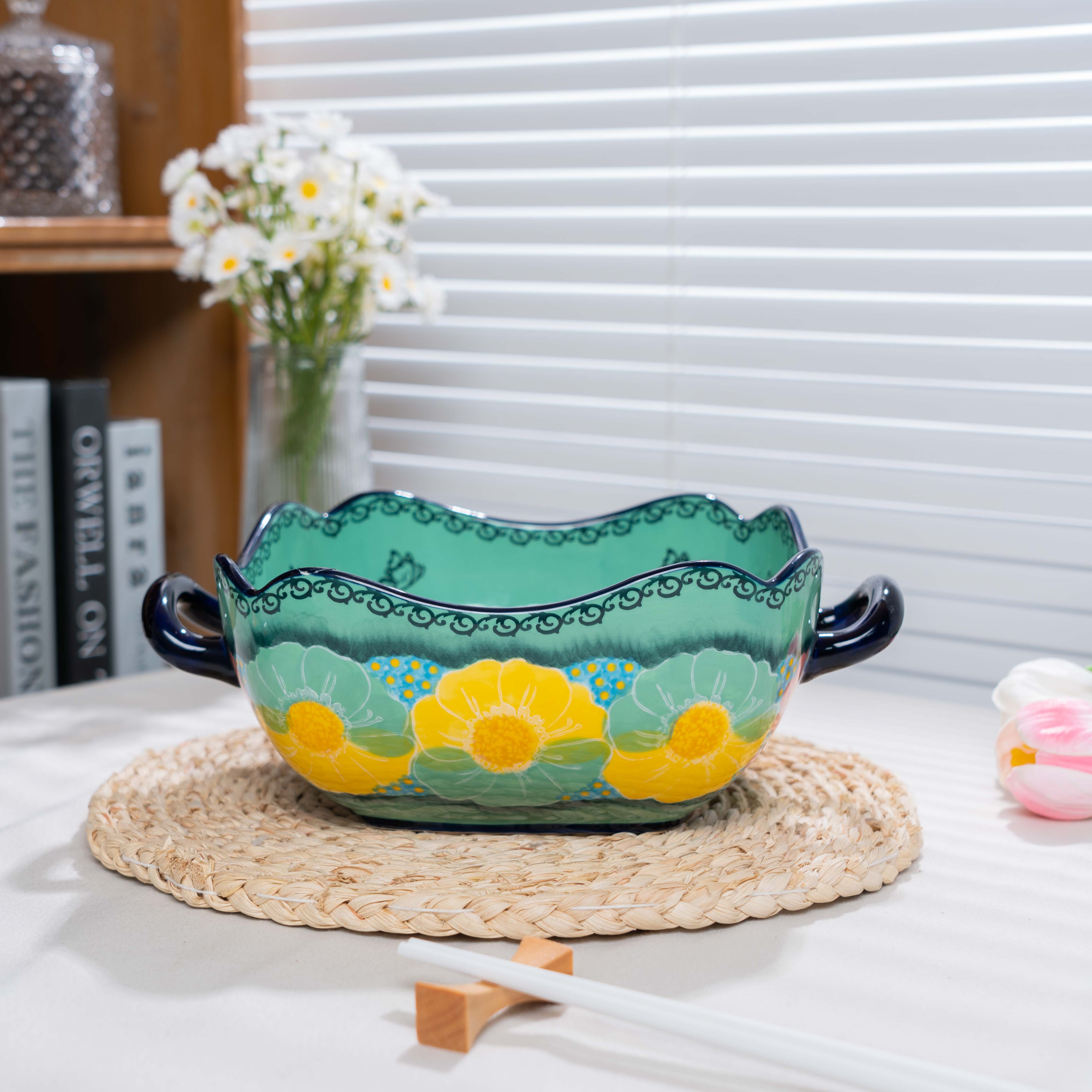 【SILESIA/出口原单】手绘碧海苍田-10.5英寸四方双耳提柄汤锅