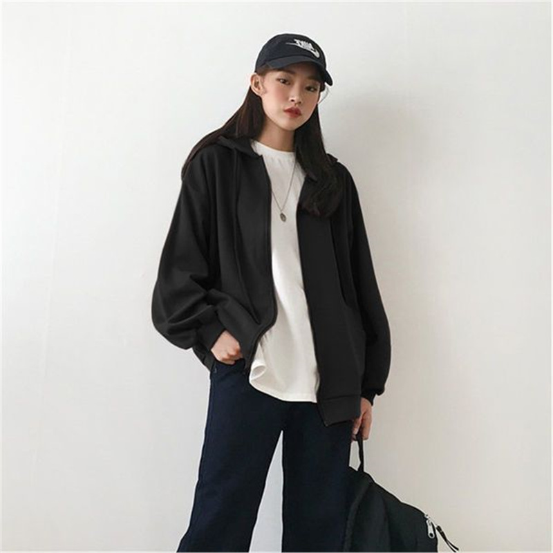 拉链连帽运动卫衣外套女春秋冬季宽松学生开衫盐系大码拉链上衣潮
