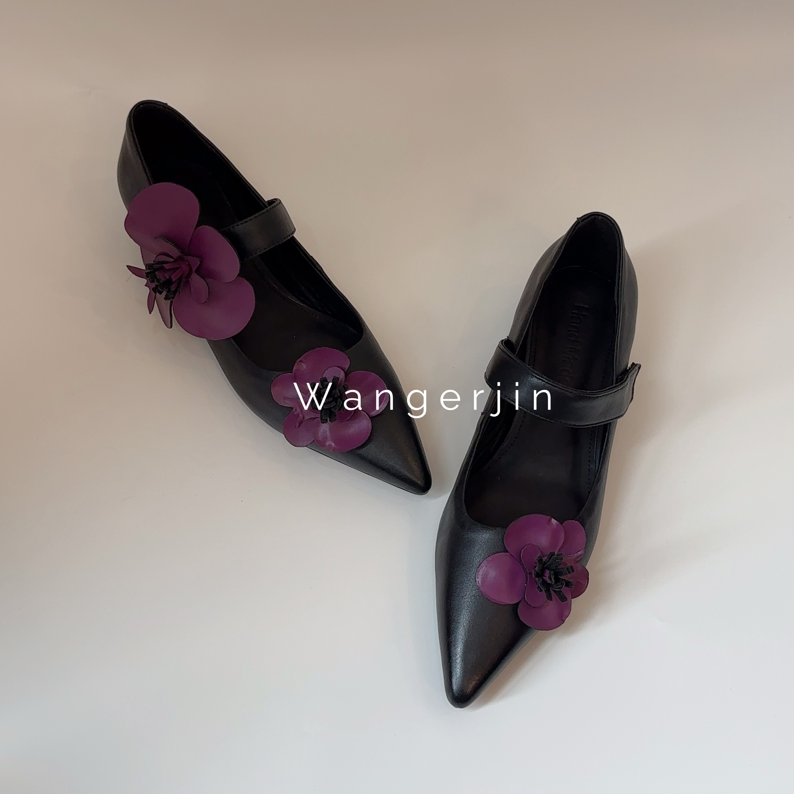 【王二今】牛皮/3.5CM/小香山茶花法式极简一字带玛丽珍浅口单鞋女