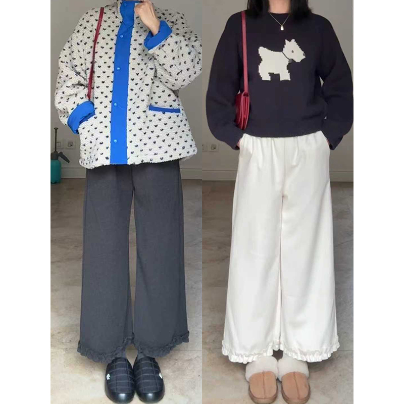 郭九九呢 气质甜美宽松百搭高腰花边直筒裤长裤裤子 G925Z17673