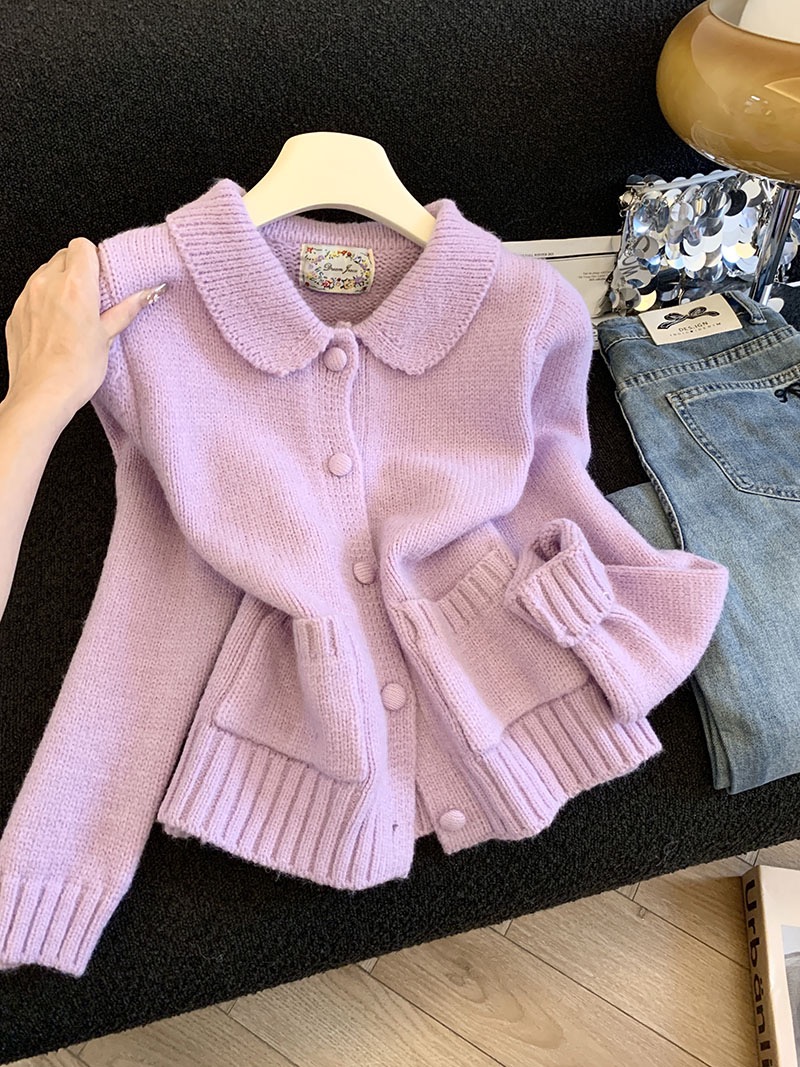 实拍～Mai Mai◆温柔风宽松减龄娃娃领毛衣开衫女秋冬显瘦外套