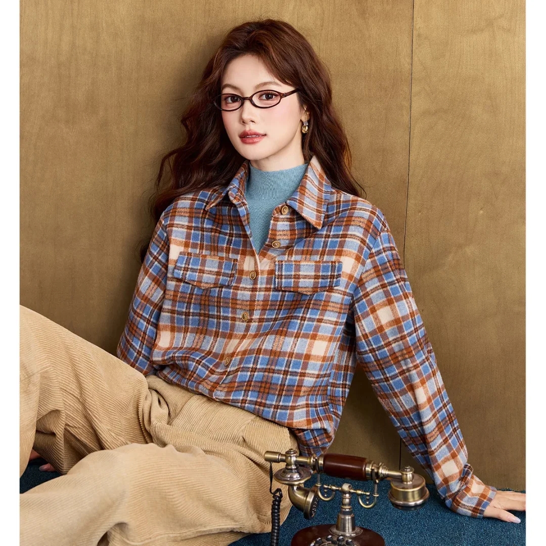 复古港风磨毛加厚格子衬衫外套女宽松中长款休闲叠穿衬衣秋冬款