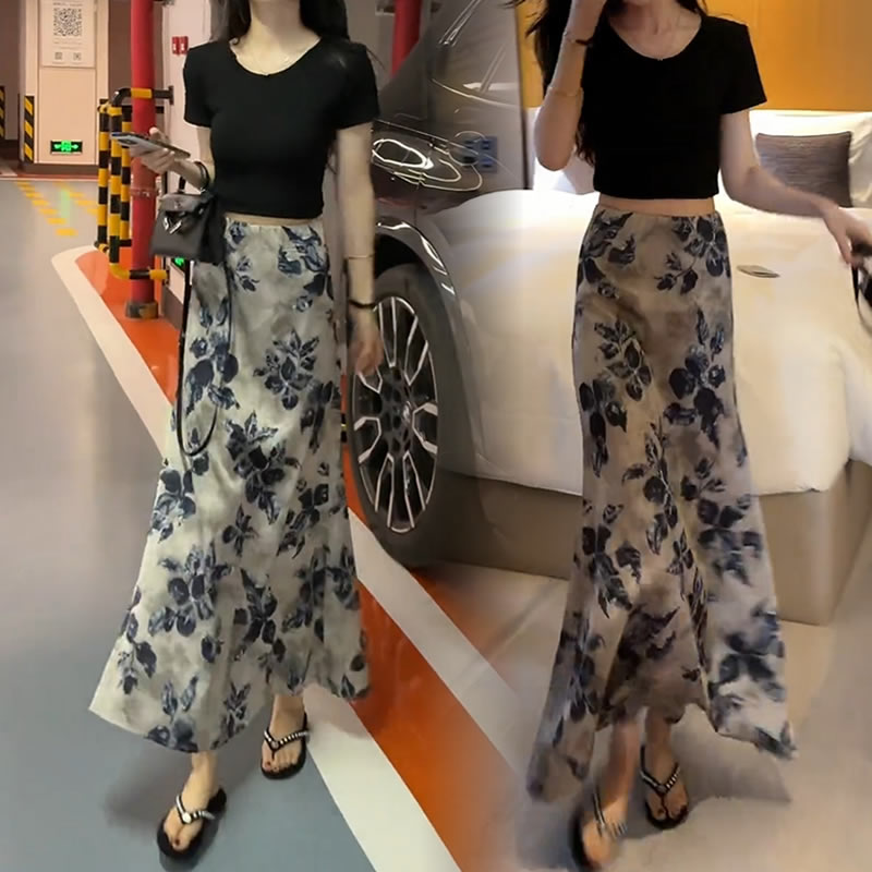 【有运费险】气质减龄高腰印花半身裙套装女2025夏季新款时尚两件套