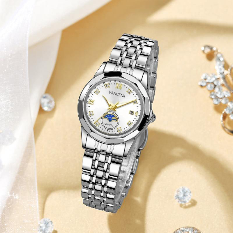 经典气质穿搭女士日历钢带星月腕表 58163