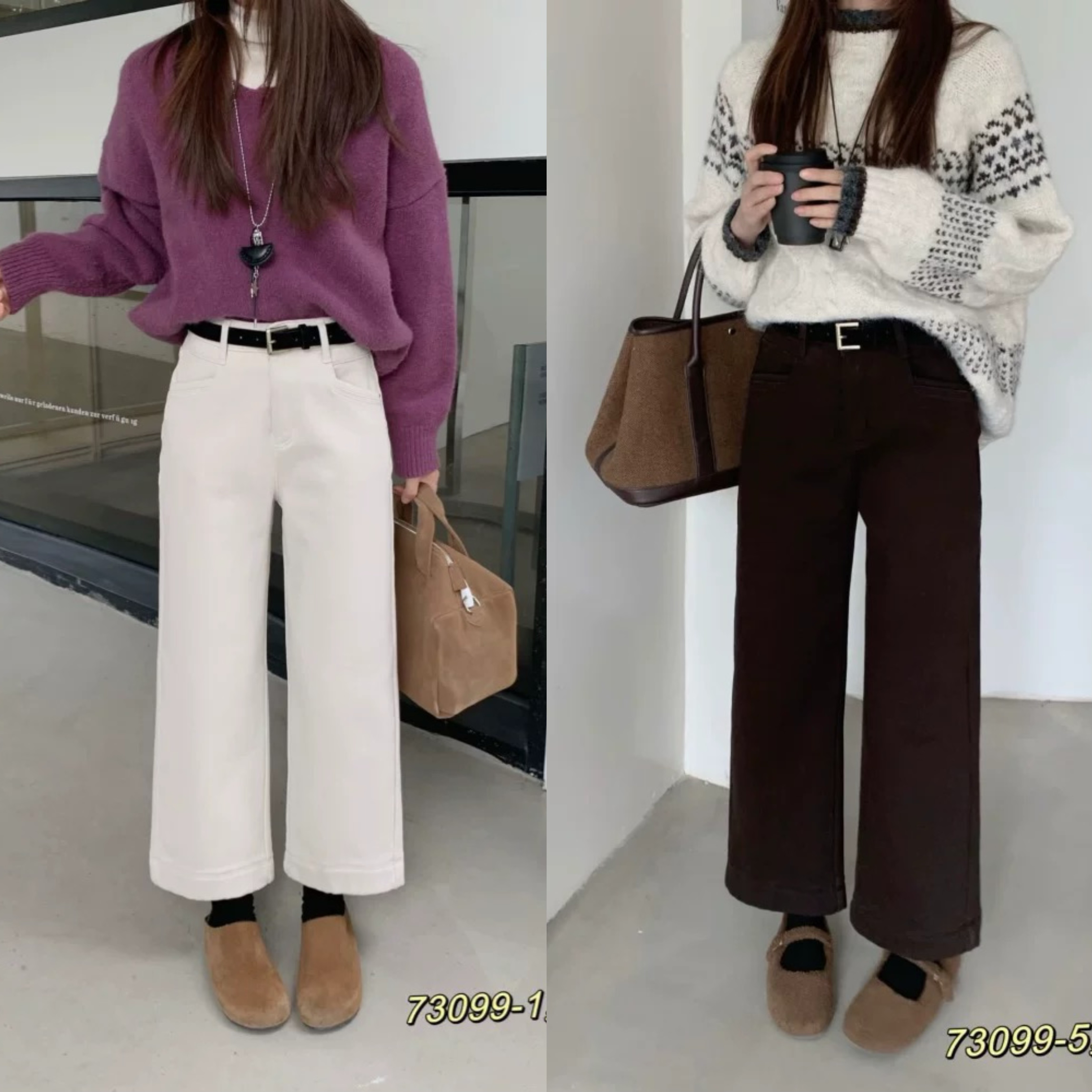 62113冬季新款复合绒加厚小个子九分直筒裤弹力休闲裤女