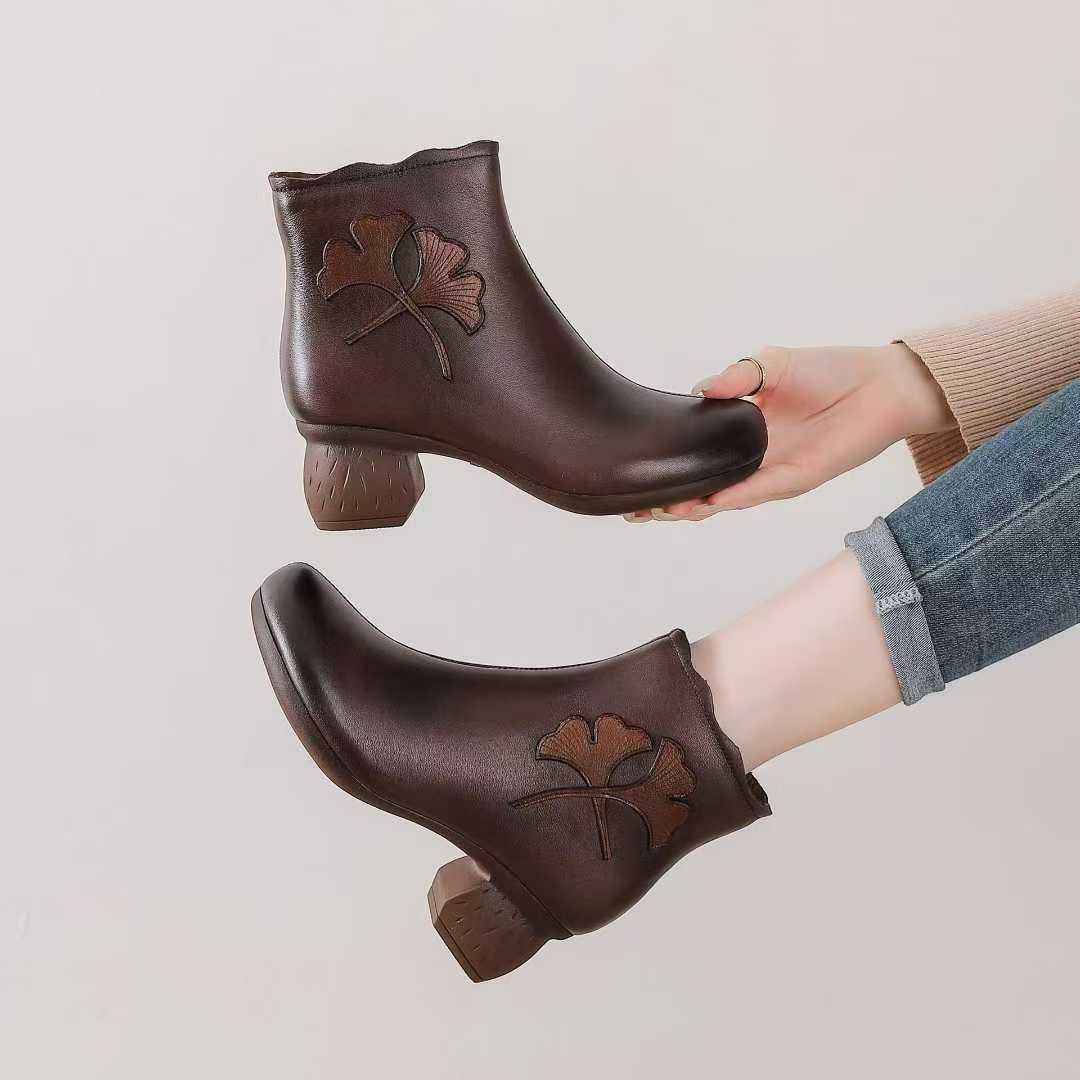 2626秋冬季新款复古时尚牛皮中跟圆头舒适百搭女士短靴