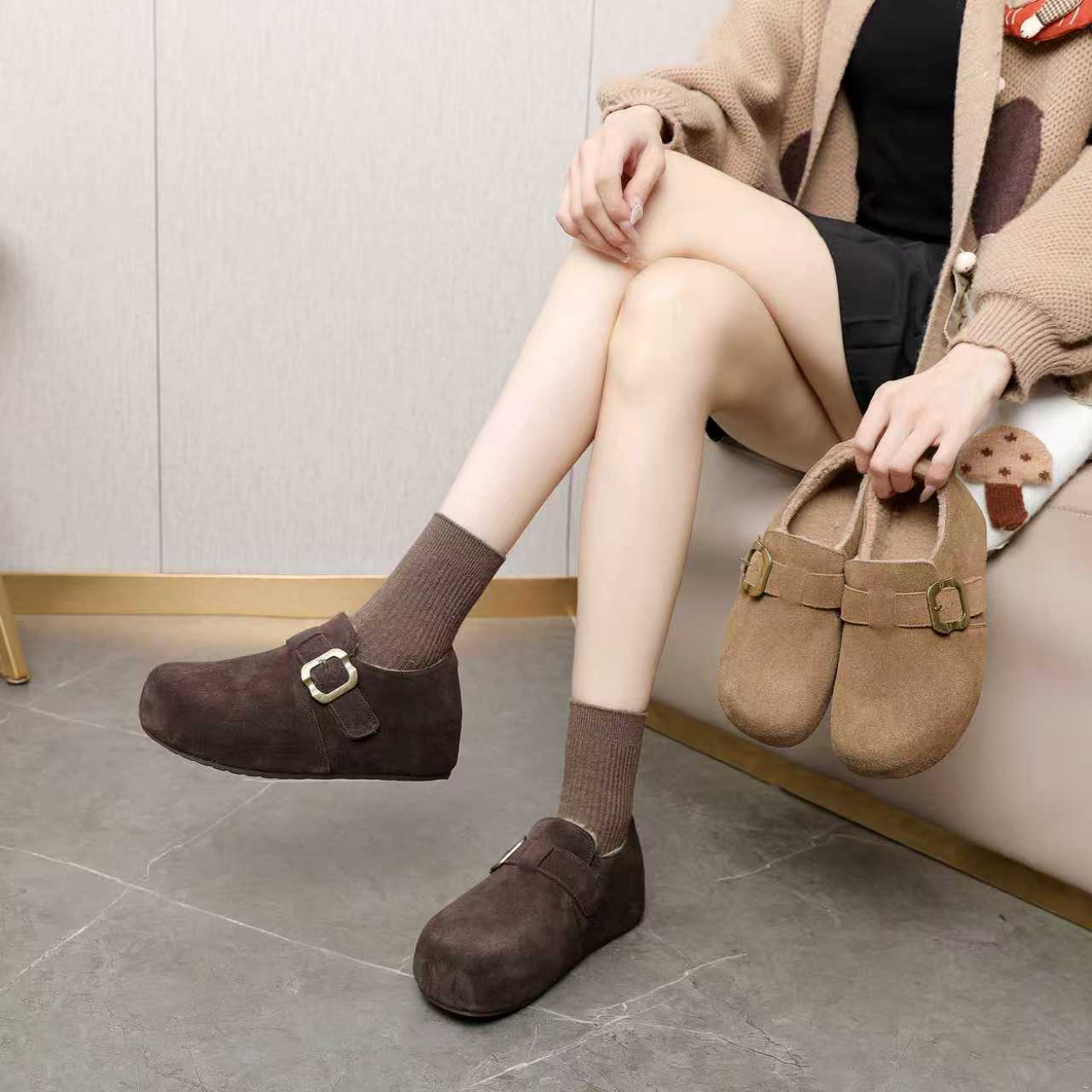 厚底增高真皮博肯鞋加绒保暖休闲女鞋2025年冬季新款时装鞋88723