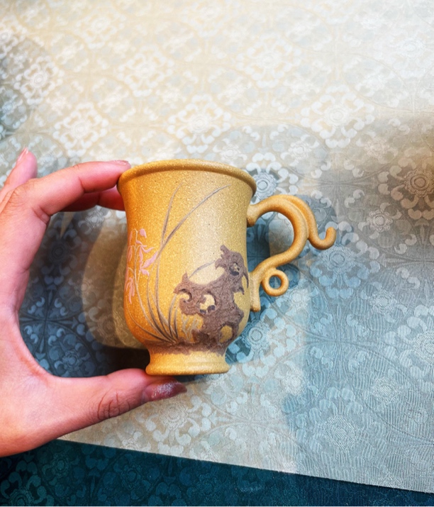 宜兴紫砂壶朱泥主人杯玉兰花泥绘纯手工