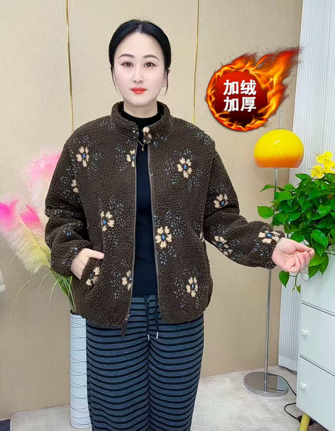 韩版冬季新款休闲百搭立领提花拉链加厚保暖显瘦外套女妈妈装