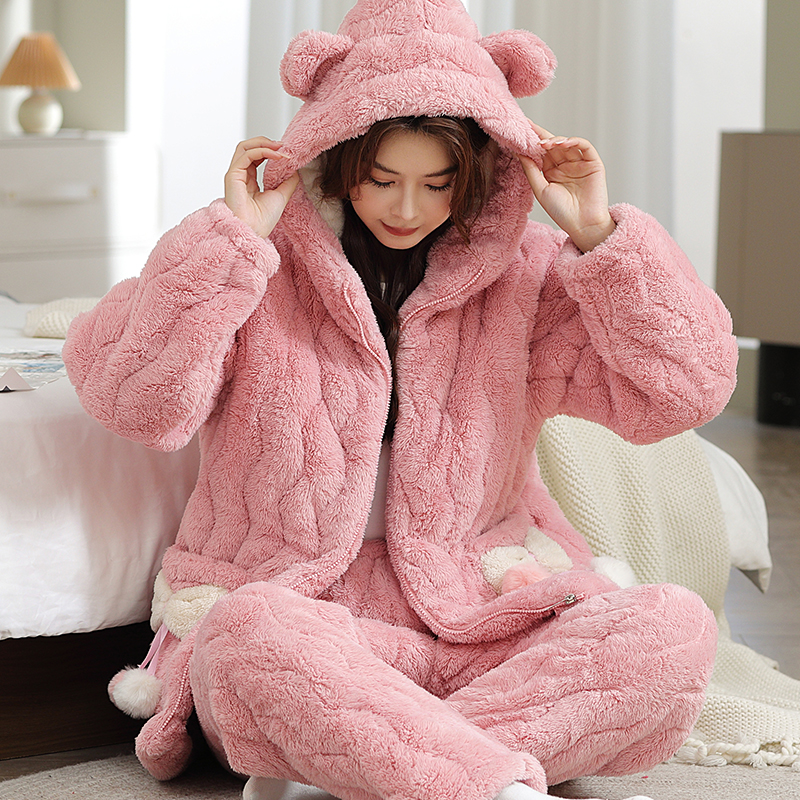 2025冬季新款连帽三层夹棉睡衣女宽松加绒加厚大码保暖家居服