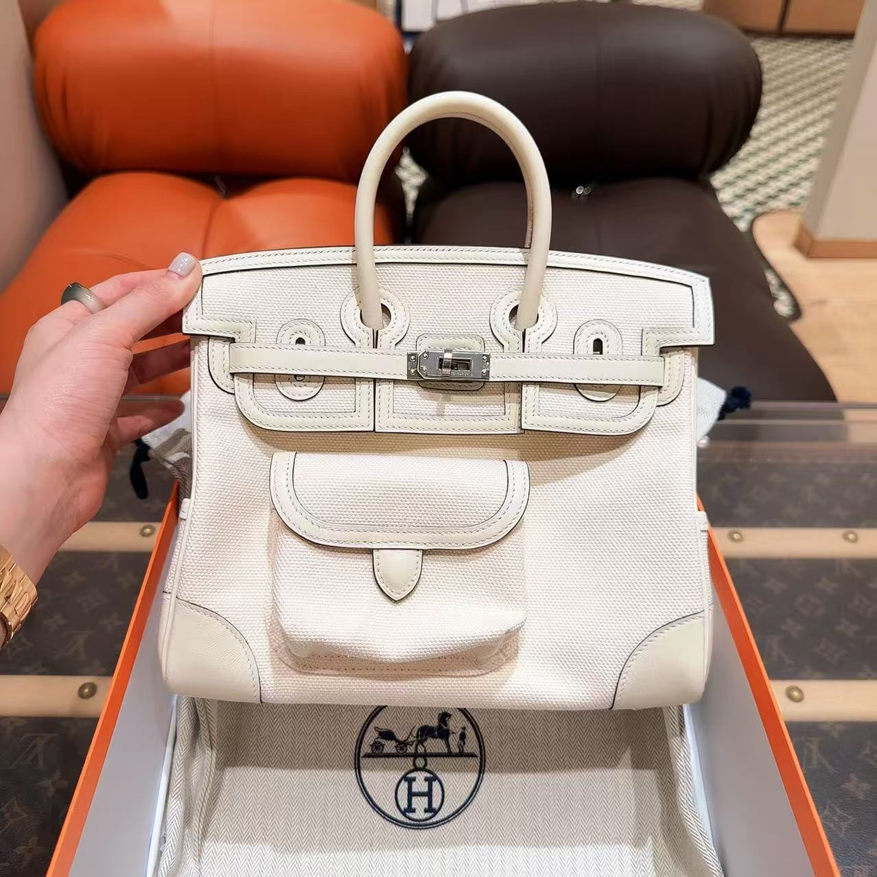 99新 Hermes/爱马仕 birkin25 cargo奶油白 银扣 Z刻! 国专
