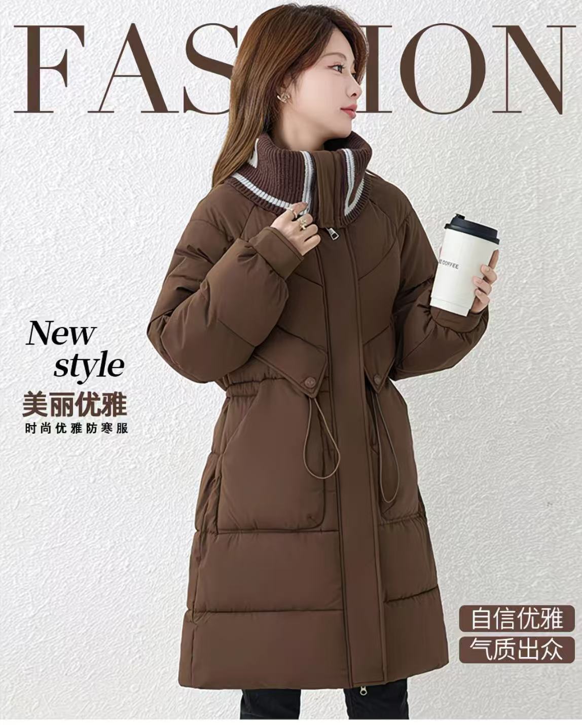 9860#翻领棉服女中长款2025冬季新款气质加厚爆款保暖百搭棉袄