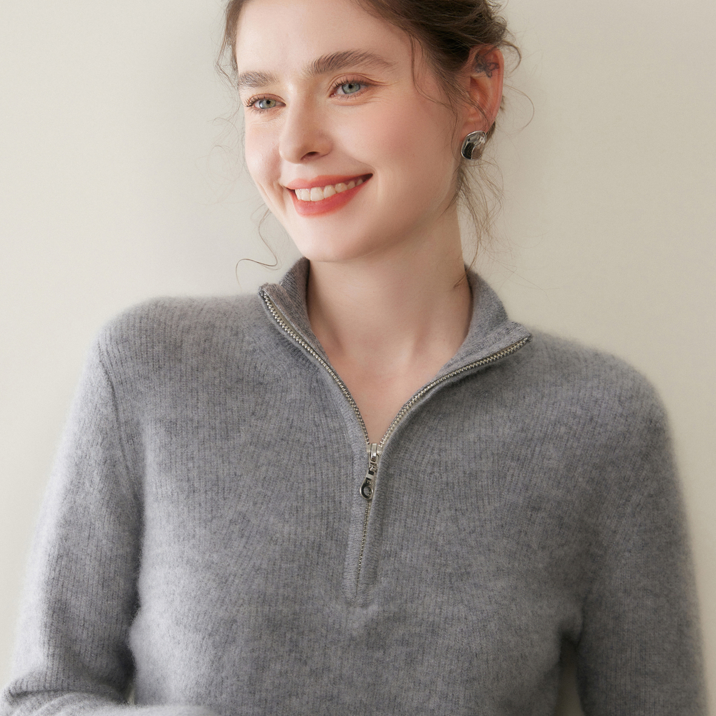 af9013-山羊绒衫女拉链半高领厚套头长袖短秋冬针织打底修身百搭