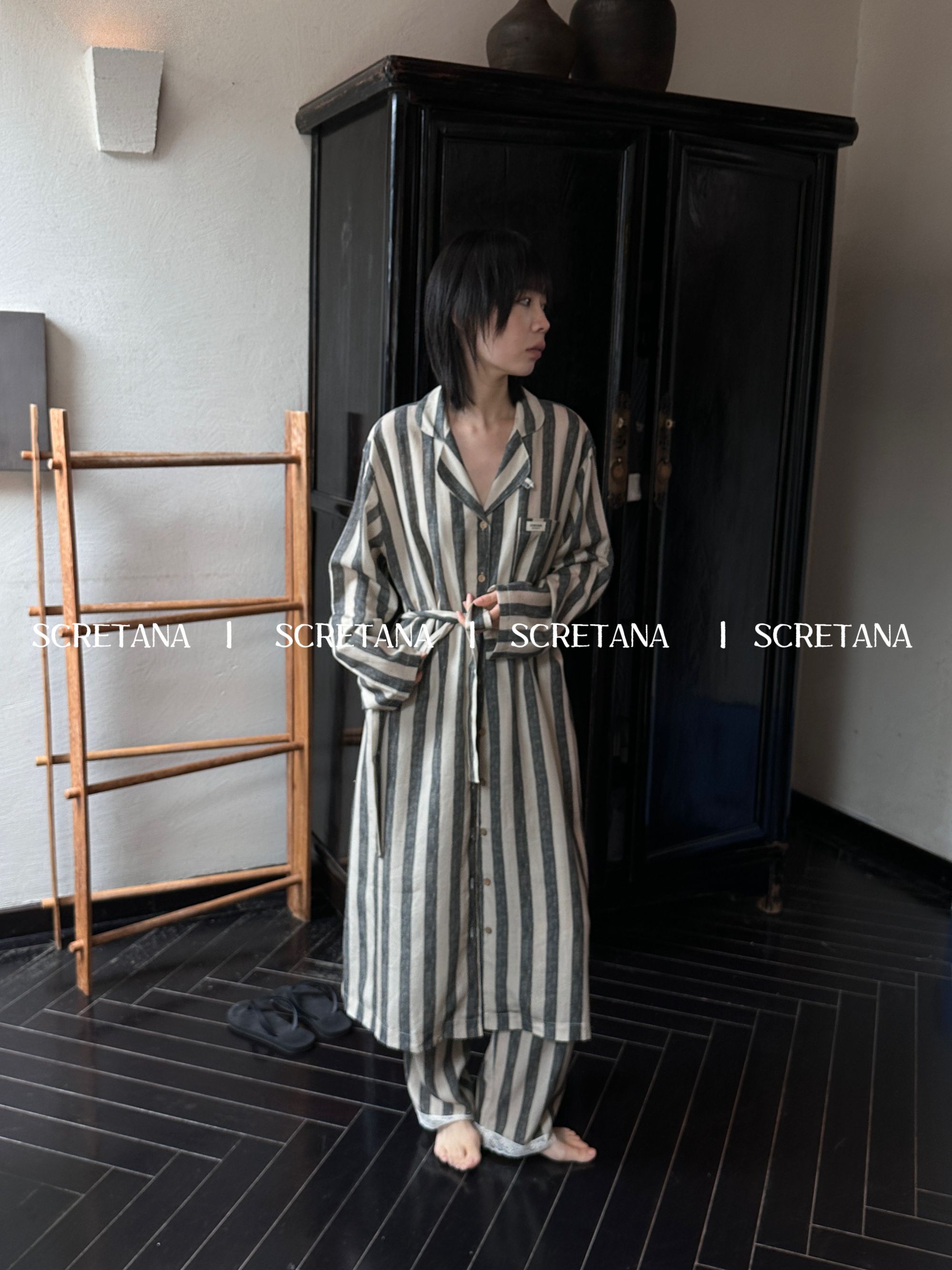 SCRETANA/安娜的秘密简约条纹睡衣莱赛尔天丝软糯条纹日系家居服