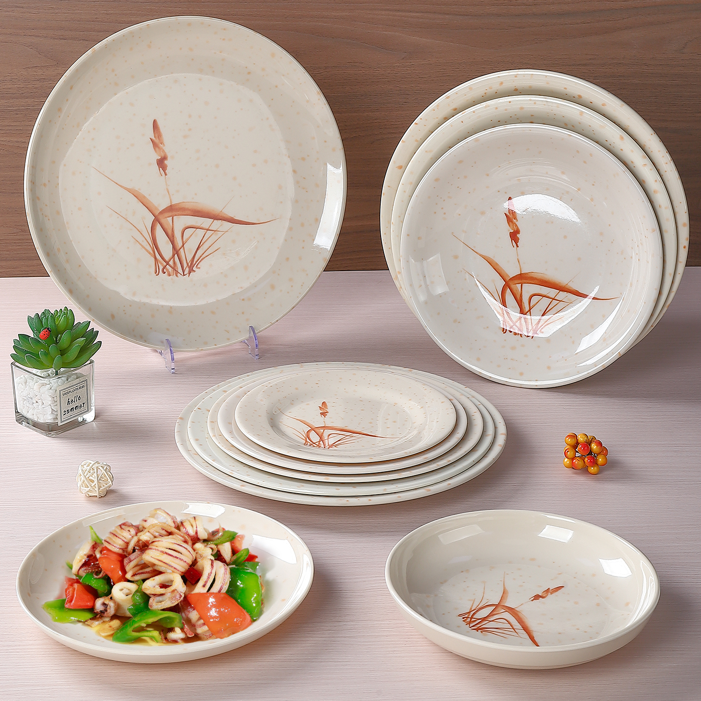 密胺中式秋草盘子自助餐厅商用圆盘饭店炒菜盘子仿瓷快餐盖饭盘子