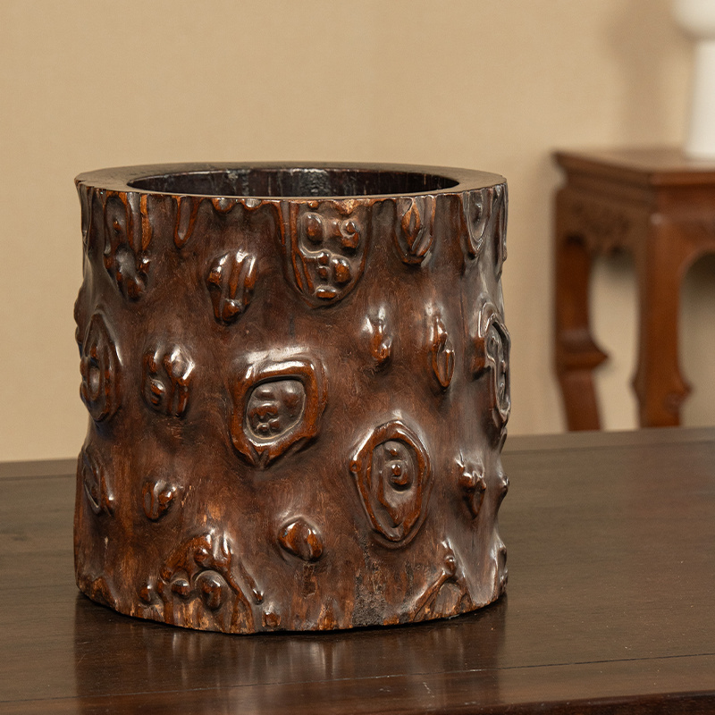 清早期 黄花梨雕树瘤大笔海古董收藏