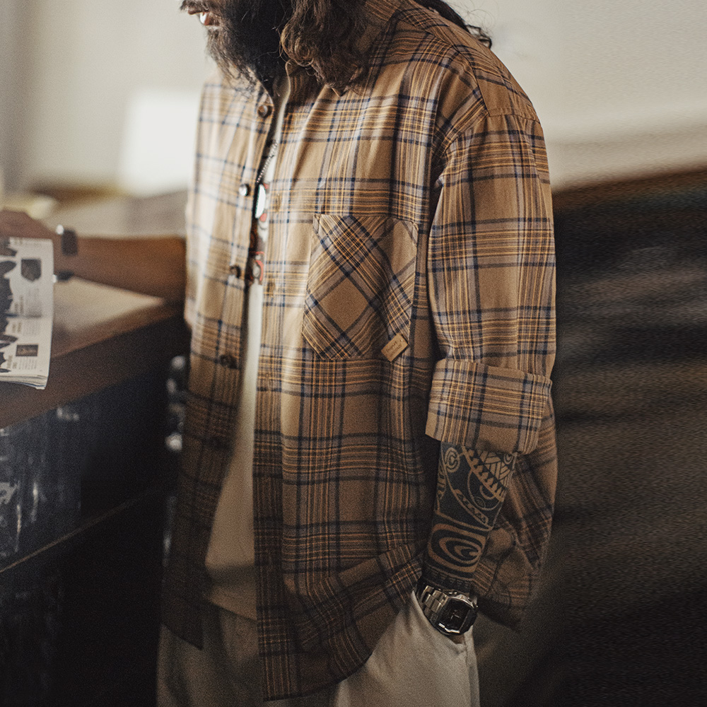 马登工装美式复古格子衬衫薄款长袖纯棉外套式棕色格纹衬衣男夏秋