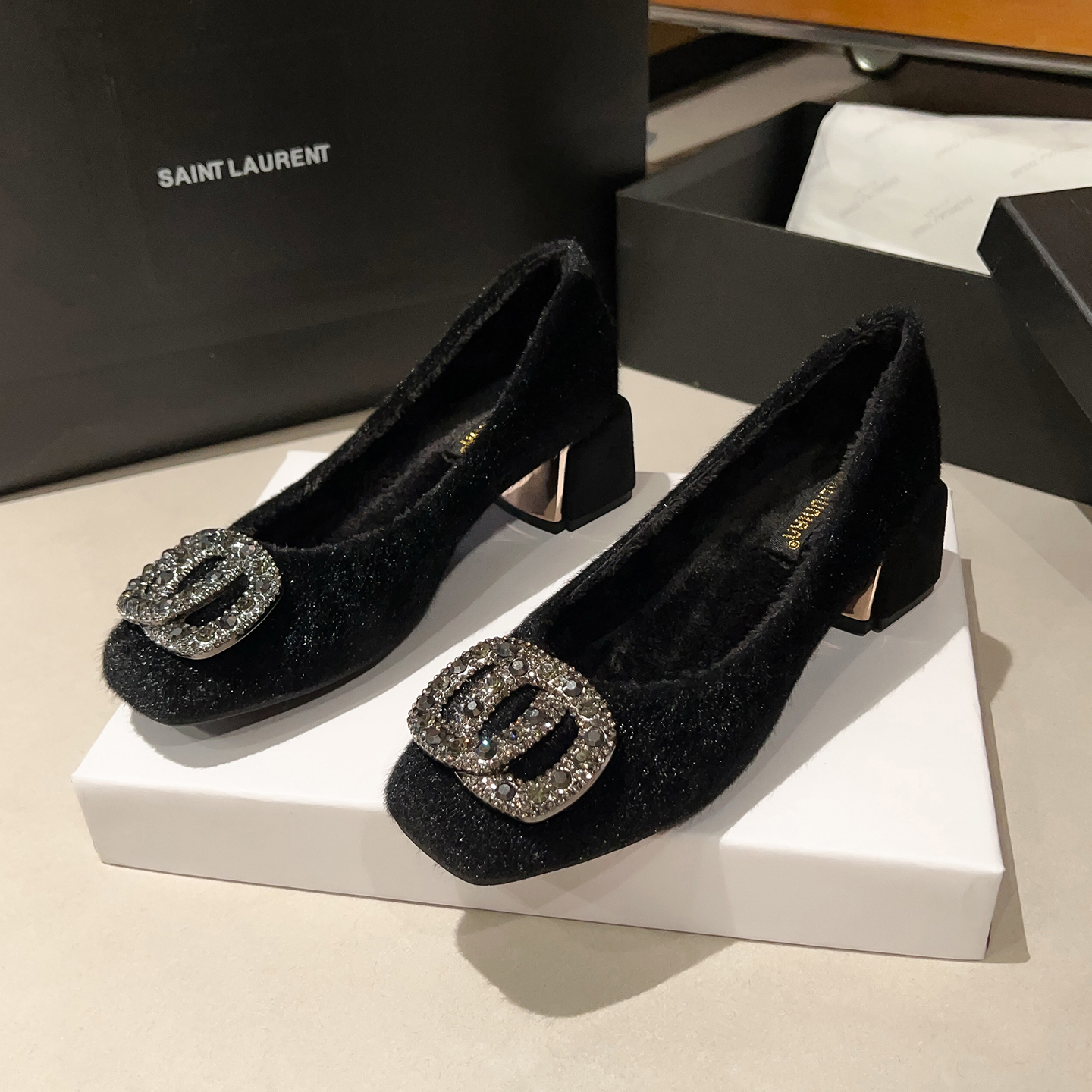 工作鞋粗跟单鞋法式方头加绒高跟鞋女2025新款秋冬毛毛鞋浅口水钻