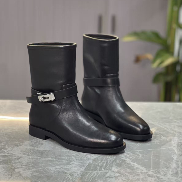 蓉姐专属～皮带扣英伦风马丁靴黑色粗跟靴子筒靴女鞋跟高3厘米137
