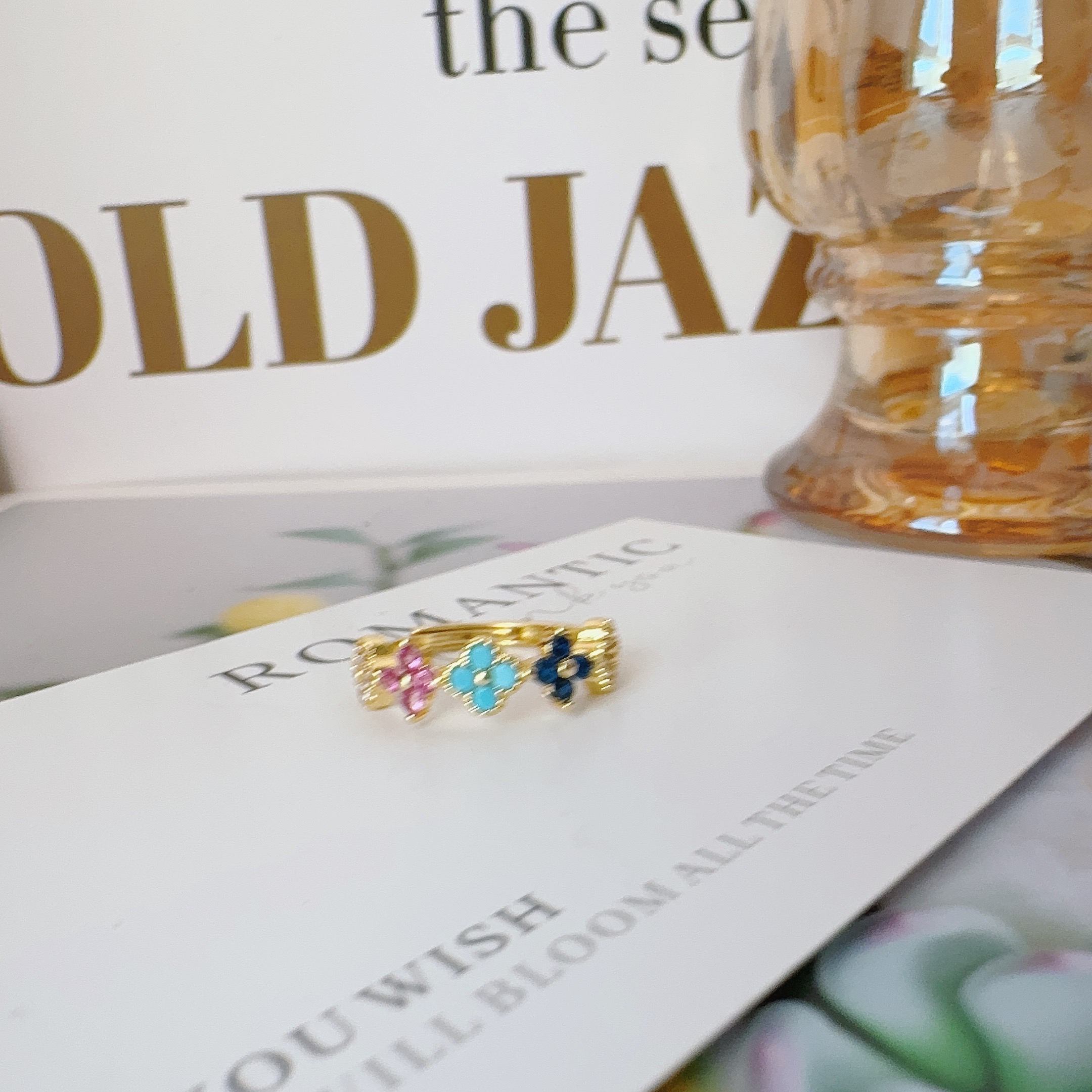 铜合金锆石戒指 5002彩色四叶草戒指