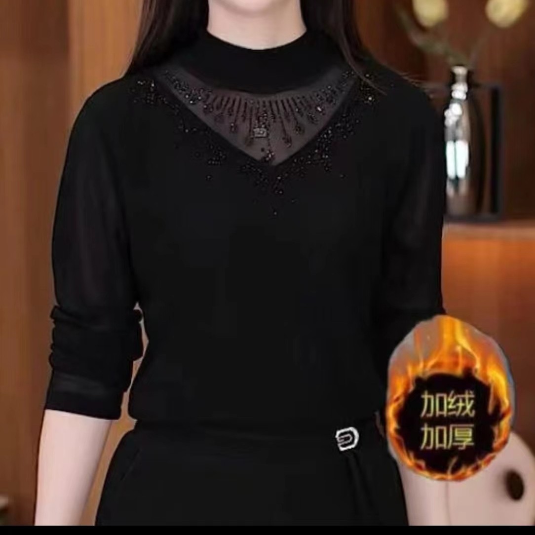 2025秋冬季德容蕾丝网纱镂空烫钻打底衫半高领内搭中老年妈妈装