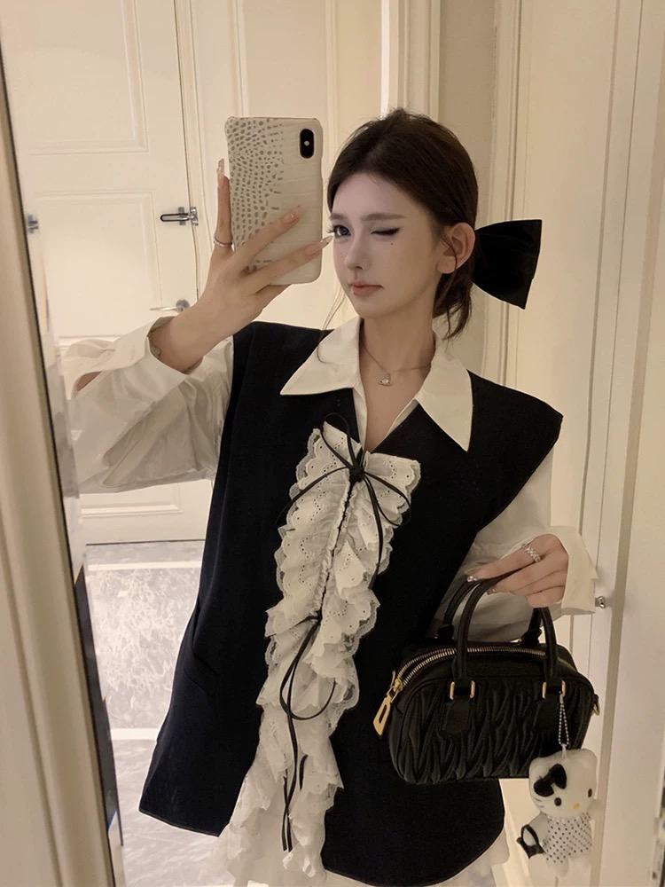 小众复古设计感撞色拼接花边马甲无袖背心