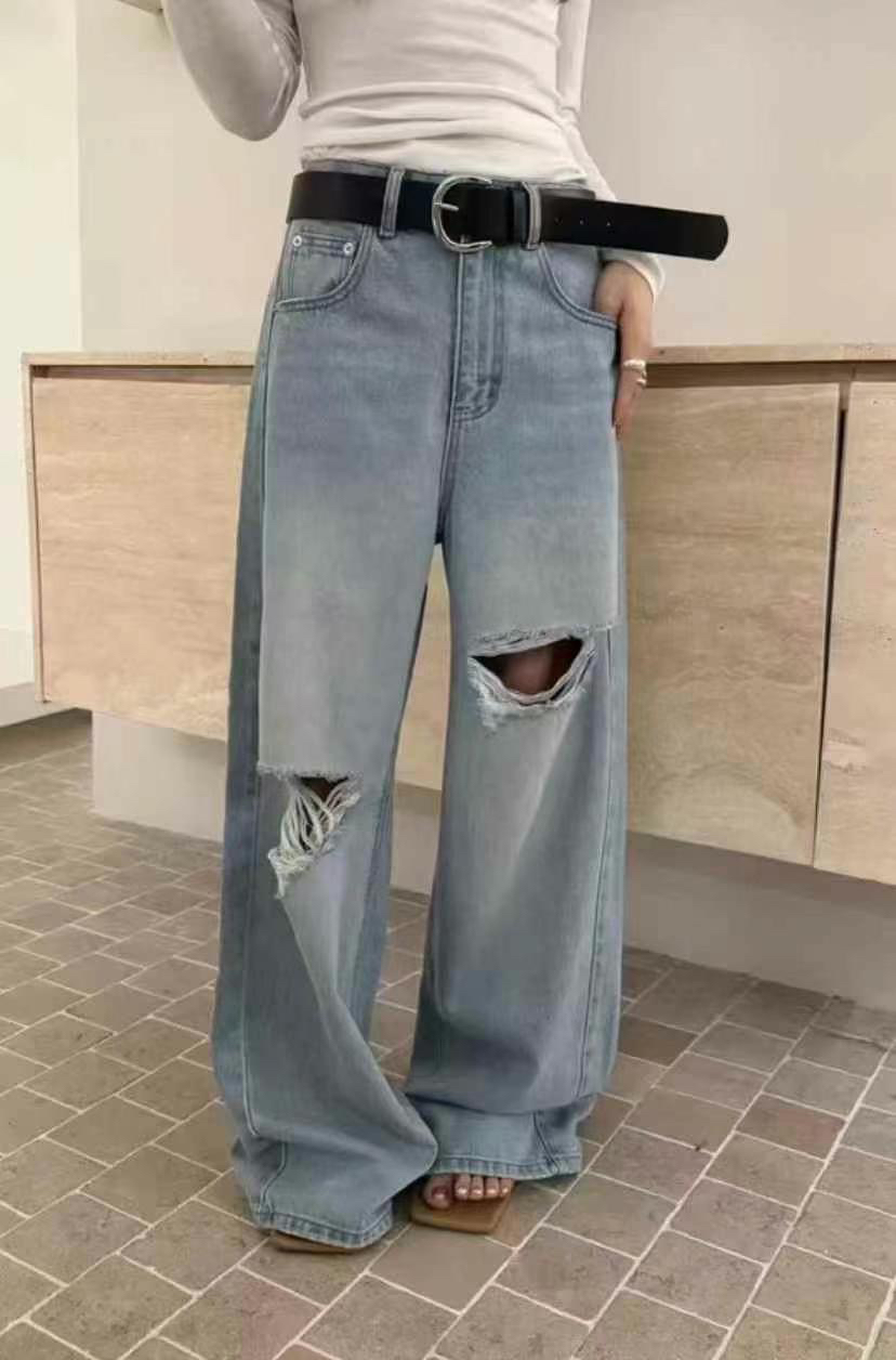 磨破无弹力显瘦高腰破洞牛仔裤