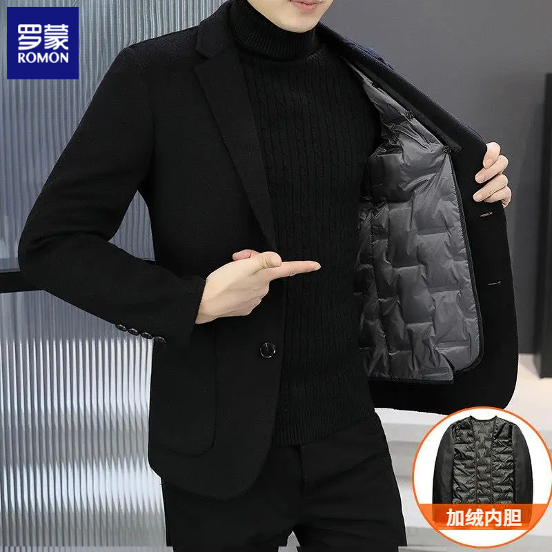 罗蒙冬季韩版修身双面呢西服男可脱卸加绒内胆羊毛大衣男款冬季