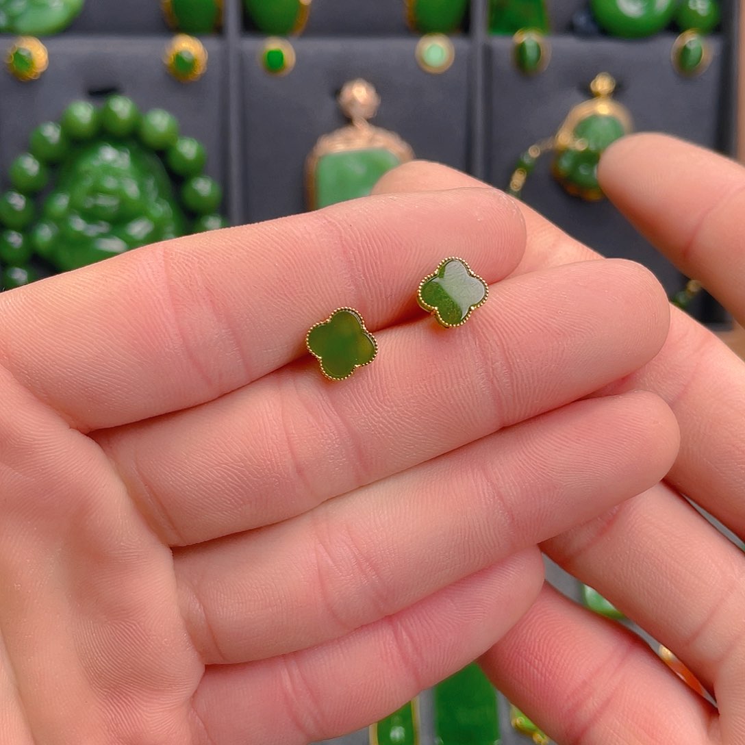 和田玉（碧玉）耳饰18K金镶嵌780