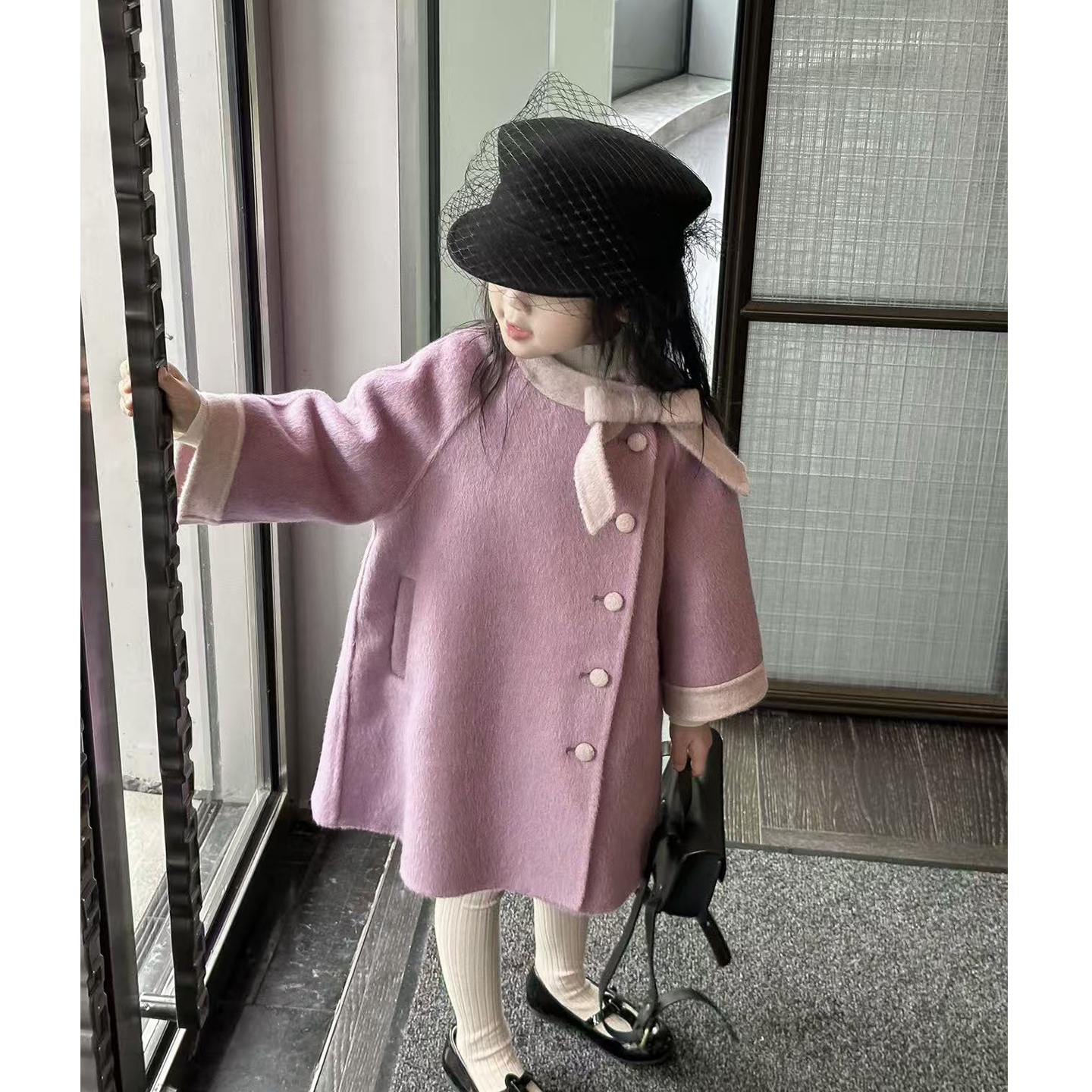 现货）甜美大衣女童冬2025新款儿童蝴蝶结洋气外套女宝宝加厚外套