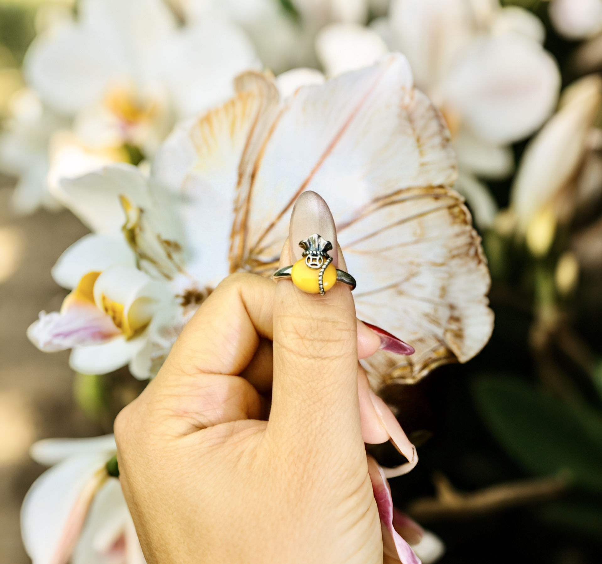 S925通体银镶嵌琥珀蜜蜡钱袋子复古百搭时尚银开口指环020cy