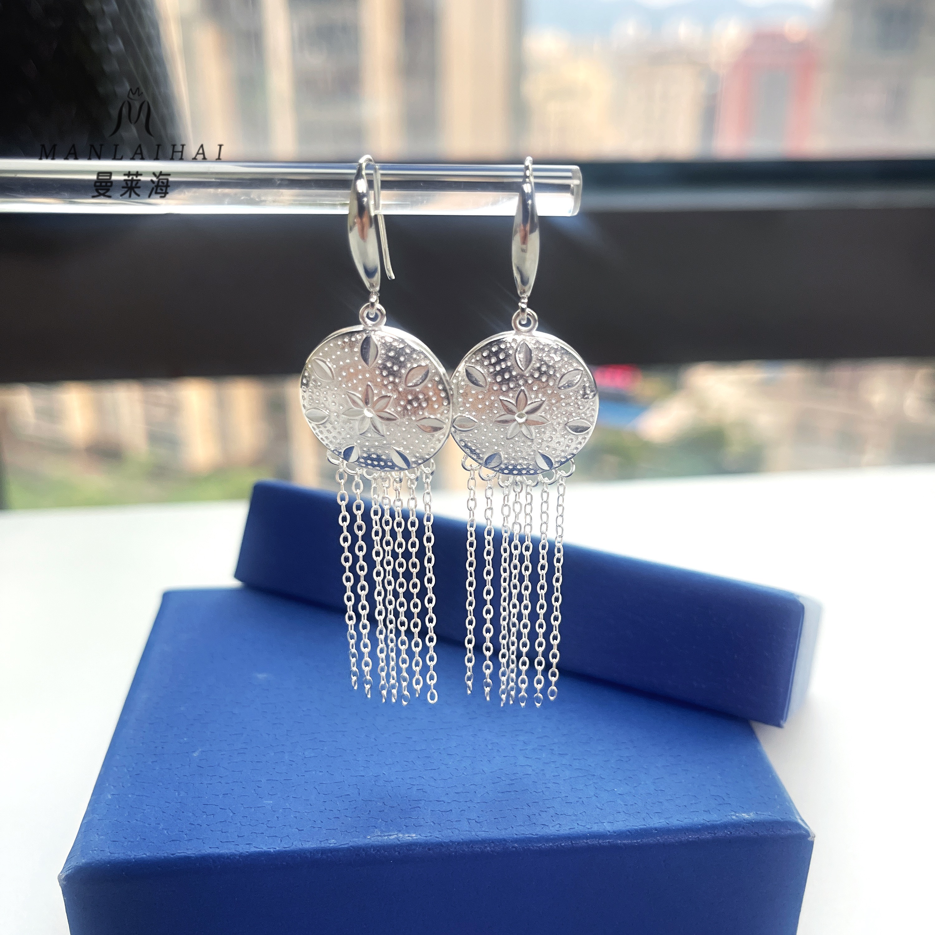 足银耳饰 圆盘太阳花流苏加粗耳钩新中式流苏银饰