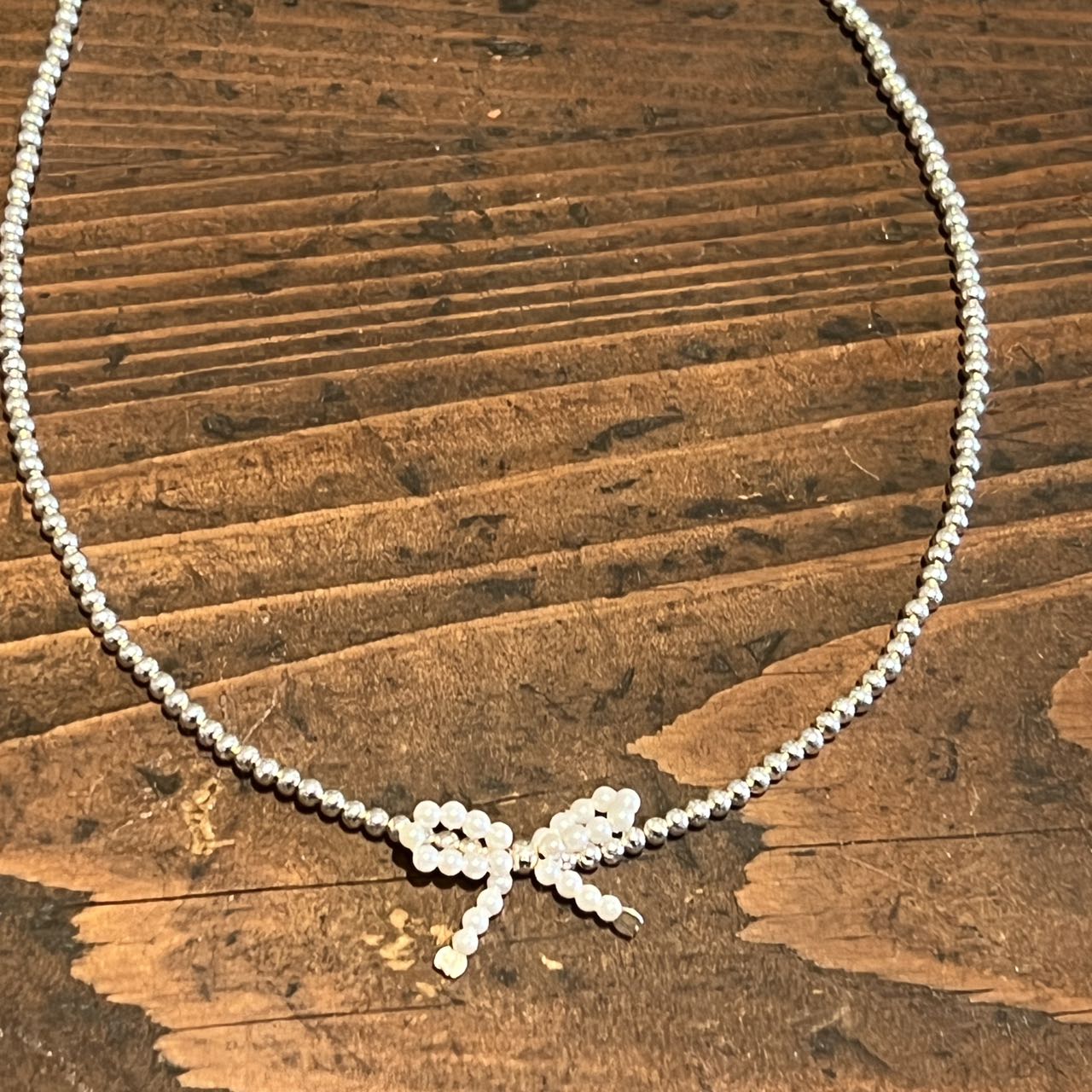 非金属仿珍珠项链 0102 TJ韩国直播代购925银蝴蝶结珍珠项链饰品 