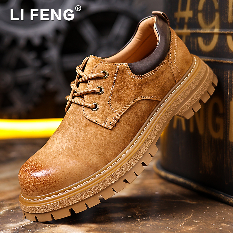 2025新款工装鞋男士百搭透气休闲鞋真皮厚底德比鞋低帮马丁靴男款