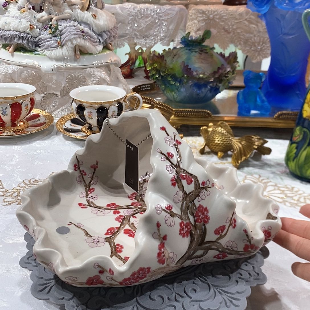 摆件F3172高温瓷桃花流水提篮果篮