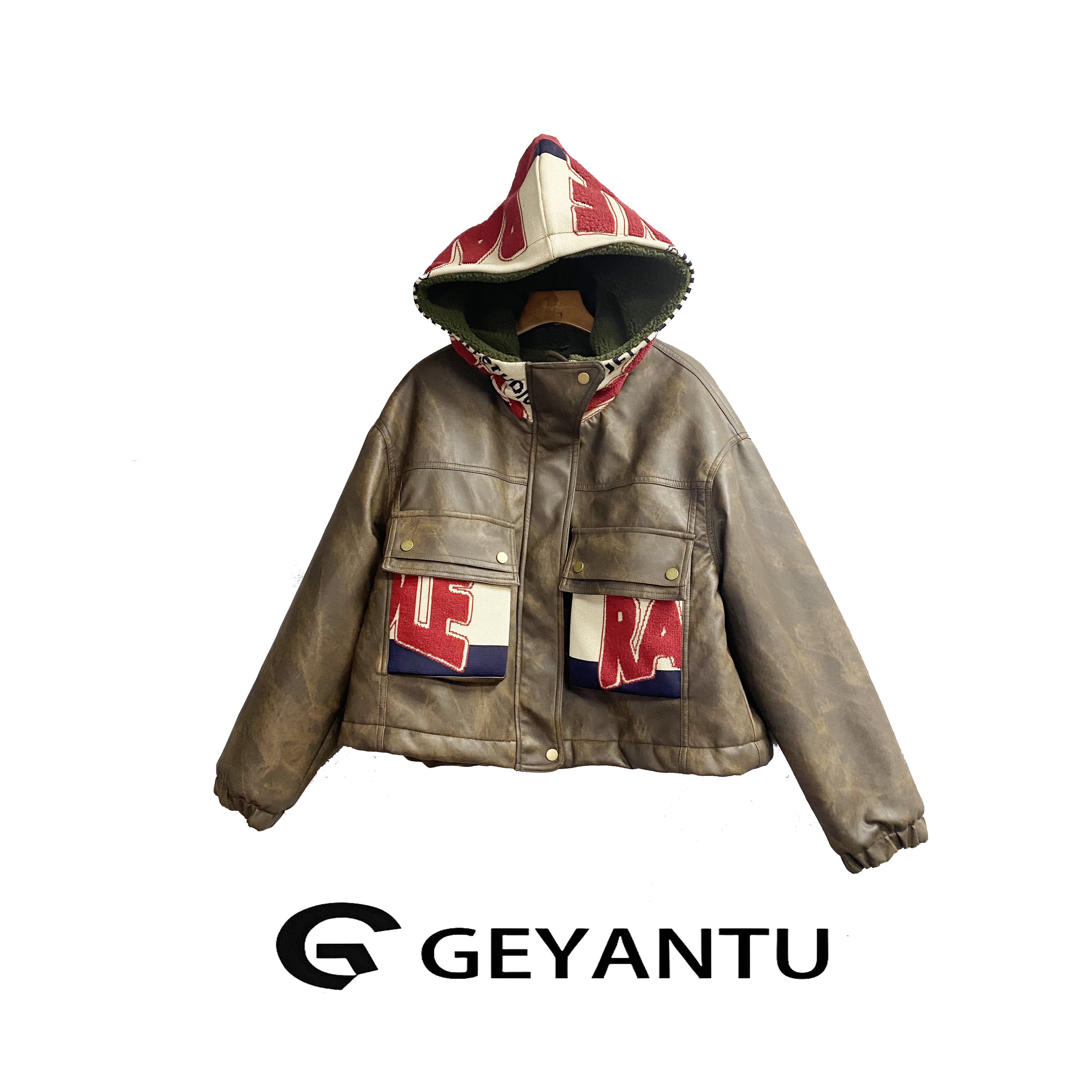 【GEYATU】冬季皮衣外套宽松美式时尚连帽加绒加厚保暖休闲643
