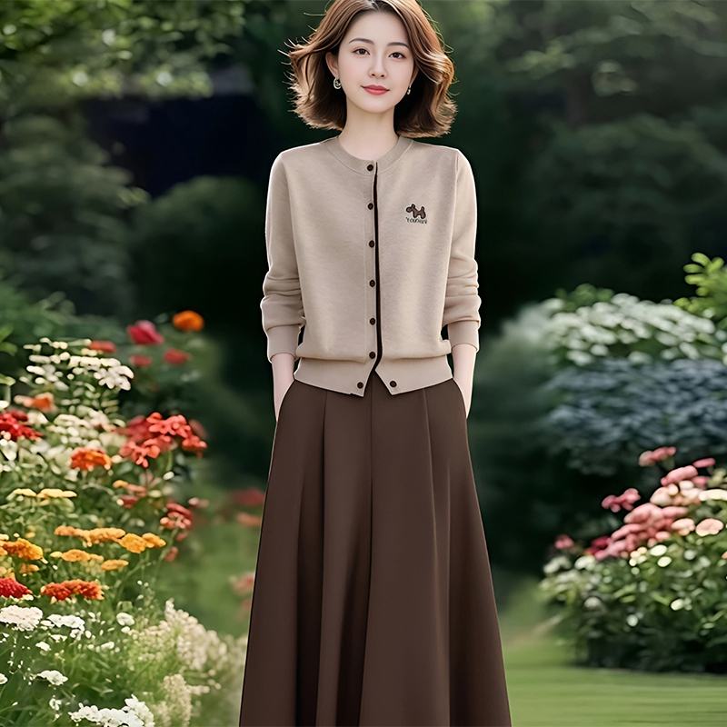 2025春秋新款设计感撞色圆领针织开衫+松紧腰半身裙时尚两件套女