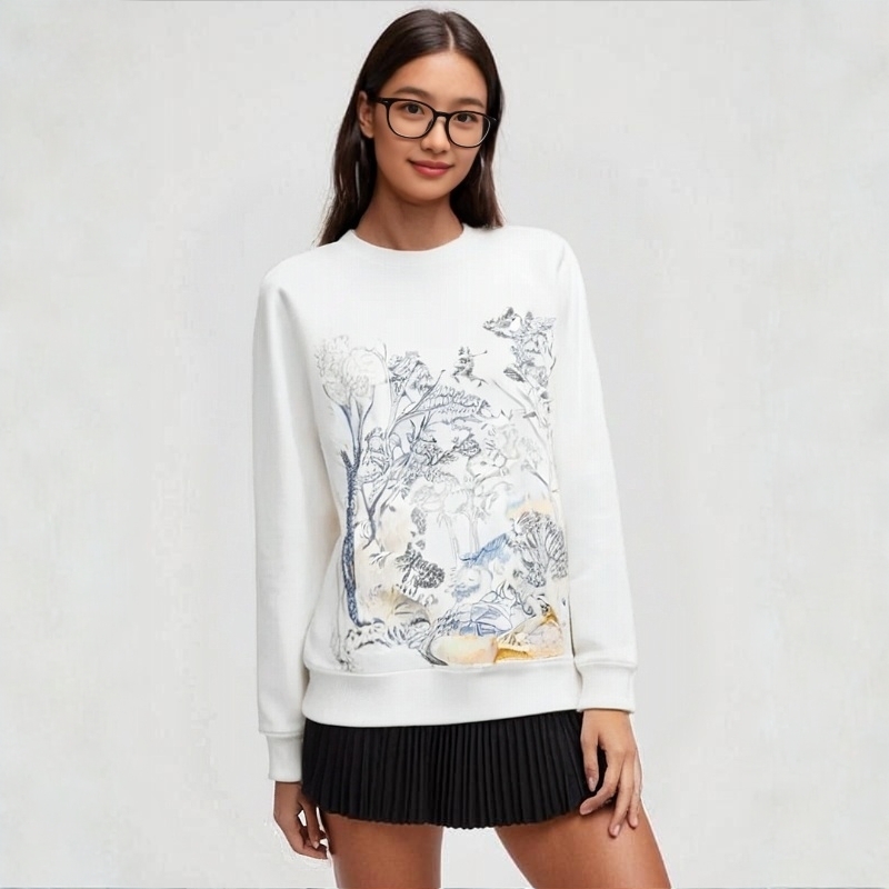早春新款休闲设计感百搭印花长袖秋冬白色重工圆领卫衣女5301072